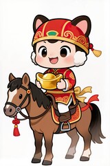 Obraz premium Chibi New Year mascot or God of Wealth holding a big gold ingot, riding a pony, isolated on a clean white background.