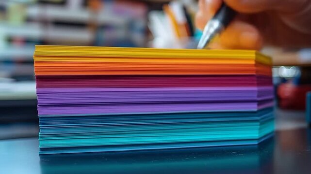 A hand holds a pen above a colorful stack of paper. The paper has a spectrum of hues