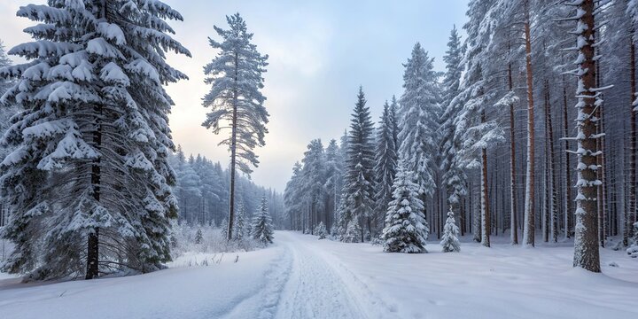 Snow covered pine forest with winter sunrise in mountains panoramic landscape . - Powered by Adobe