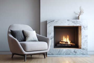 Cozy armchair beside a modern marble fireplace with a warm fire burning.