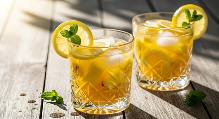 Fototapeta premium Refreshing Iced Tea with Lemon and Mint on a Wooden Table.