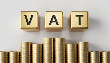 A clean finance-themed image showing the letters VAT (Value Added Tax) displayed on lettered dice placed above stacked gold coins