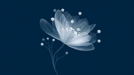 Ethereal, translucent white flower with spheres on dark blue background