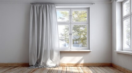Sunlight streams through a window with flowing drapes onto a wooden floor.