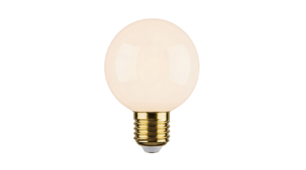 Round LED light bulb isolated PNG on transparent background, warm white globe lamp for modern lighting and energy efficiency