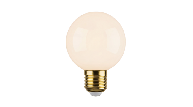 Round LED light bulb isolated PNG on transparent background, warm white globe lamp for modern lighting and energy efficiency