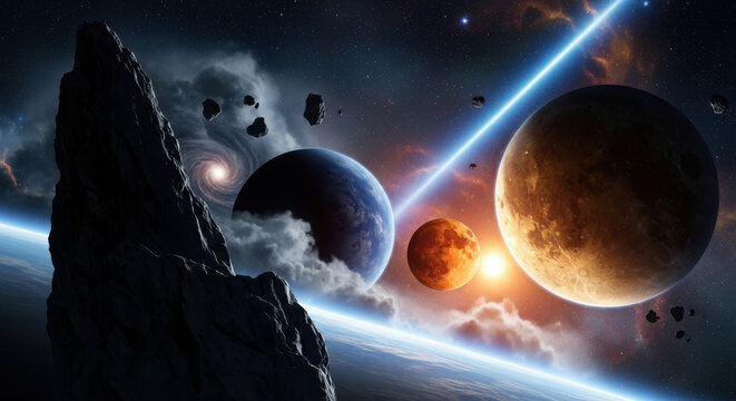 Epic cosmic scene with planets, asteroids, and nebulae