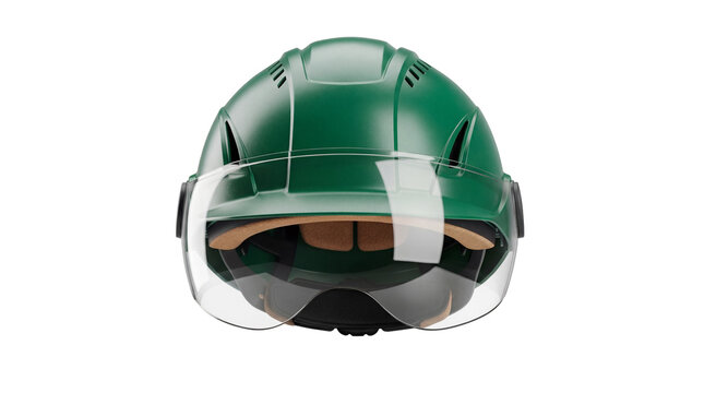 Green batting helmet with face shield isolated PNG, protective headgear for baseball or softball players on transparent background