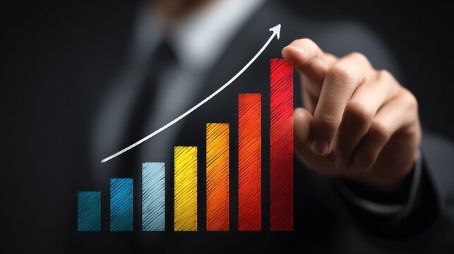 A businessman pointing to a colorful bar graph with an upward arrow, representing growth and success.