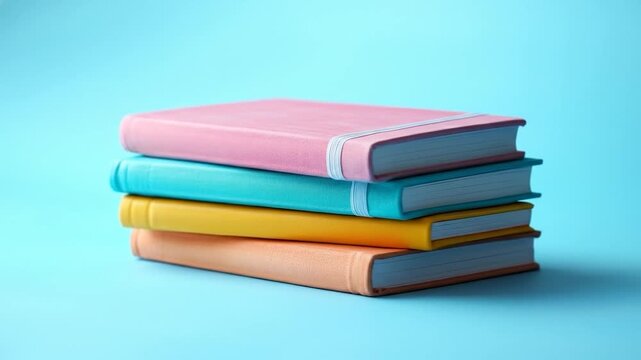 A stack of four colorful notebooks, bound with elastic closures, on a plain blue background