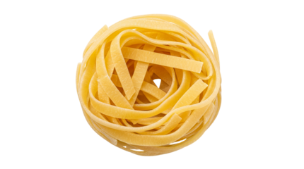 Dried tagliatelle pasta nest isolated PNG on transparent background, uncooked Italian ribbon noodle food for culinary use