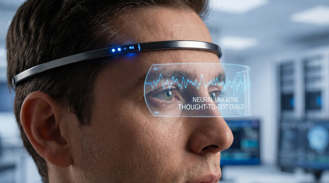 Futuristic Brain-Computer Interface Headset with Holographic Display