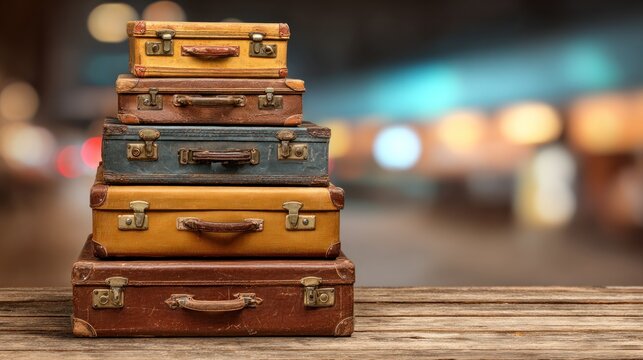 Stack of vintage suitcases on a wooden table.