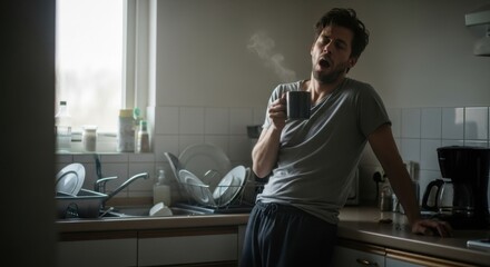 Yawning man enjoying his hot drink in a sunlit kitchen
