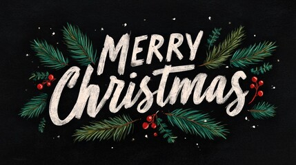 Merry Christmas Text with Pine Branches and Berries on Black Background