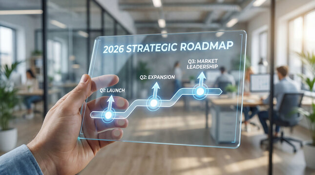 Hand Holding Transparent Tablet with 2026 Strategic Roadmap Infographic - Powered by Adobe