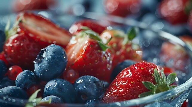 A close up shot of strawberries and blueberries in a glass bowl with water droplets on the fruit