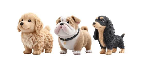Three adorable plush dog figurines showcasing different breeds against a simple background