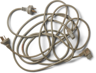 tangled heap of three-pronged electrical power cords, muted gray cables with plugs and connectors isolated white background, top view of dirty electronic waste