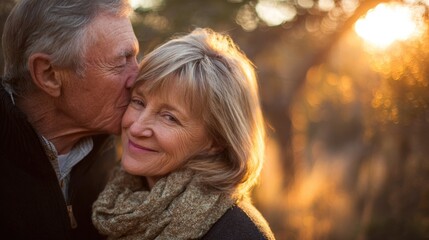 An elderly couple embracing in a park at sunset.