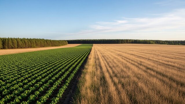 Aerial view of contrasting agricultural fields with a green crop and a harvested golden field