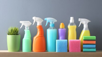 A row of colorful cleaning supplies on a wooden shelf against a gray wall.