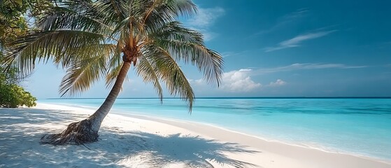Vibrant tropical palm tree leaning over a pristine white sand beach and turquoise ocean under a bright blue sky with fluffy clouds
