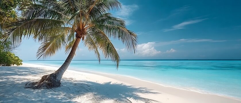 Vibrant tropical palm tree leaning over a pristine white sand beach and turquoise ocean under a bright blue sky with fluffy clouds - Powered by Adobe