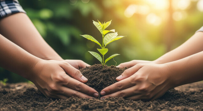 Hands planting seedling in rich soil under sunlight