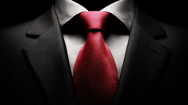 A man in a black suit and red tie against a black background.