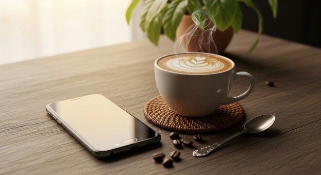 Steaming hot latte art coffee next to phone