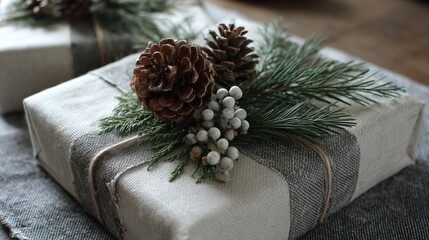 Rustic Christmas Gift Wrapped with Pine Cones, Cedar, and Berries