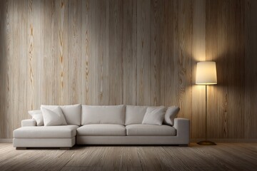Comfortable sectional sofa illuminated by a floor lamp against a wood-paneled wall.