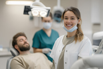 Smiling female dentist in clinic with patient on chair modern dental care and oral health service concept