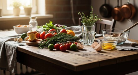Sunlit Kitchen Scene with Vibrant Fresh Vegetables and Herbs