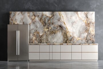 Modern kitchen with stainless steel refrigerator and marble backsplash.