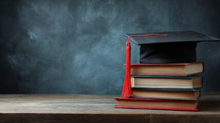 A graduation cap and books on a wooden table against a chalkboard background.