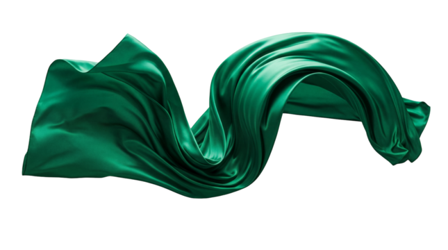 Emerald green satin fabric flowing isolated PNG, elegant cloth material on transparent background for fashion design and graphic elements