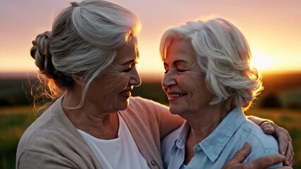 Two elderly women embracing each other with love and affection at sunset.