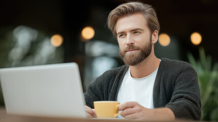Man working on laptop in cozy cafe with coffee cup remote work freelance lifestyle and business concept