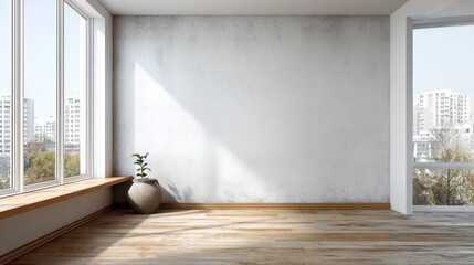 Bright room with large windows overlooking urban buildings and a potted plant.