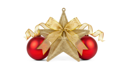 Two red and gold Christmas ornaments with a star and ribbon on a white background.