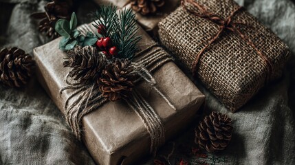 Rustic Christmas Gifts with Pine Cones and Natural Wrapping