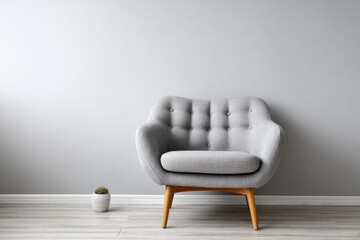 A comfortable gray armchair with tufted back sits on a wooden floor.