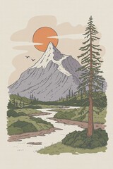 Serene Mountain Landscape with River and Pine Tree at Sunset