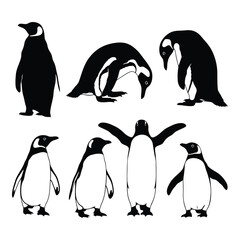 Collection of various penguin silhouettes in different poses, black and white, isolated on