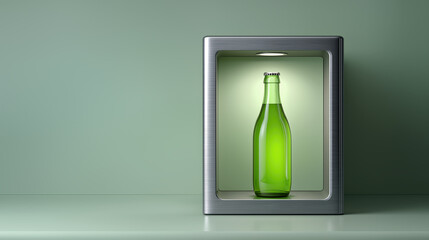 Green glass bottle standing in illuminated metal frame on mint background minimalist product display for beverage branding and packaging design