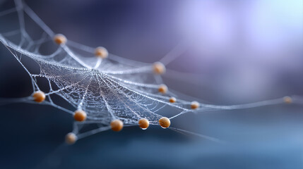 Spider web with golden dew drops on blue background networking and connectivity concept for technology biology and communication projects