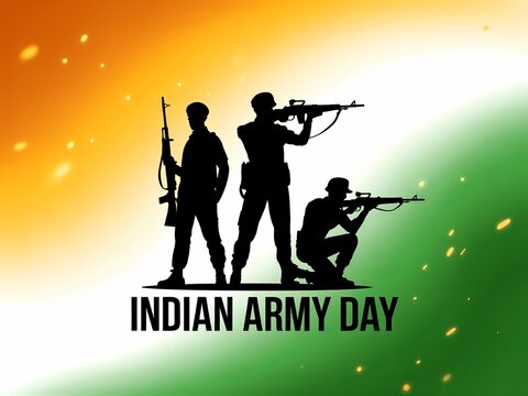 Silhouettes of indian army soldiers in action against a vibrant indian flag background celebrating indian army day