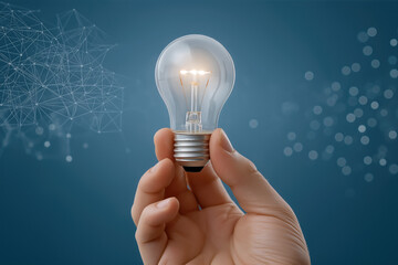 Hand holding light bulb with digital network on blue background creative innovation idea and technology startup concept